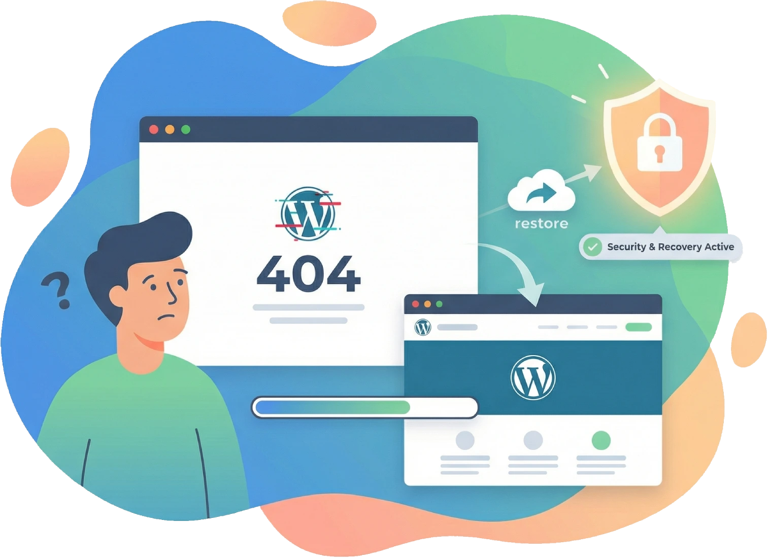 A vector drawing of a user looking at a computer screen with a wordpress error message