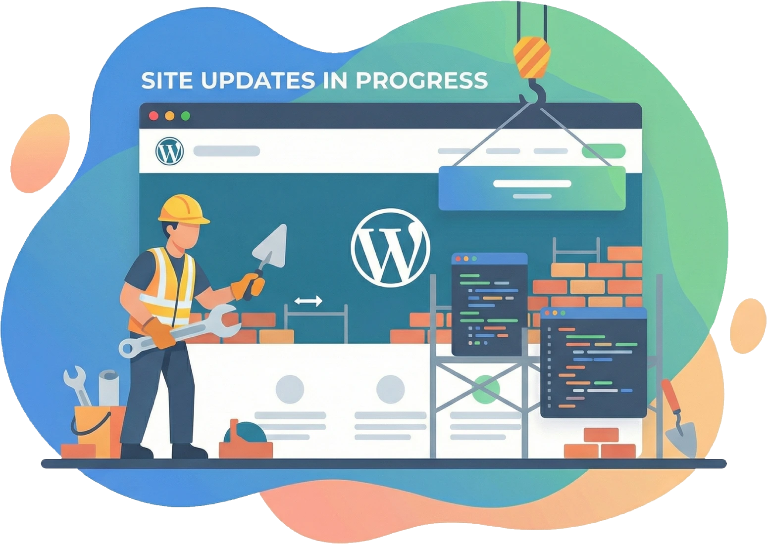 A vector drawing of a construction worker fixing a website